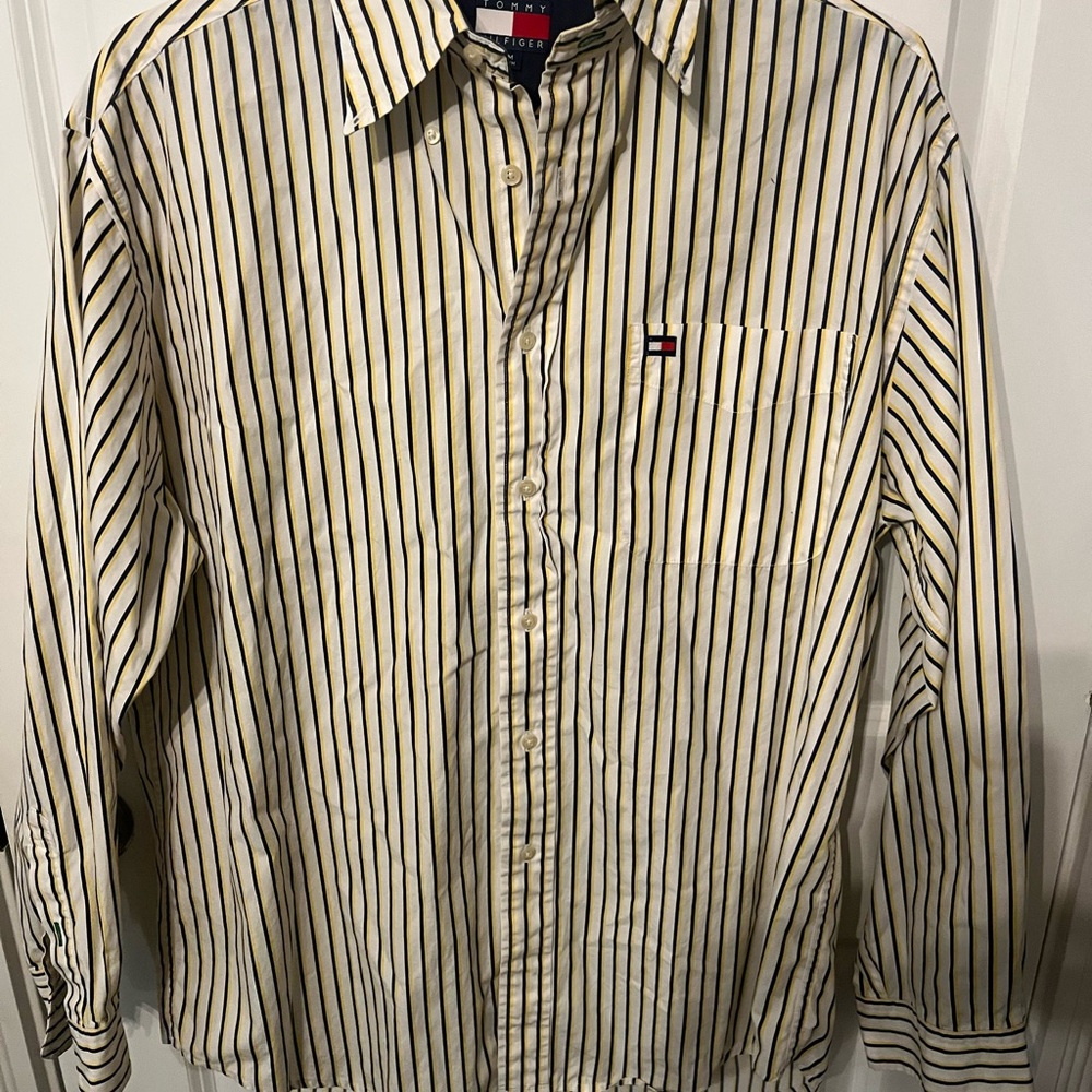 Tommy Hilfiger Vintage Men's Striped Shirt - Navy, Yellow, and White